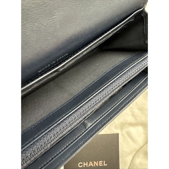 CHANEL Logo Navy Silver Toe Double Stitch Long Wallet W/box - Picture 15 of 16